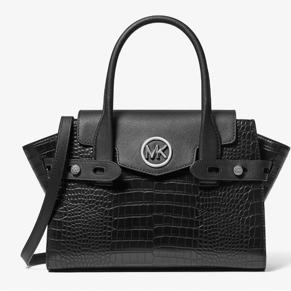 Michael Kors Carmen Medium Crocodile Embossed Belted Satchel Black/Silver - Picture 1 of 14